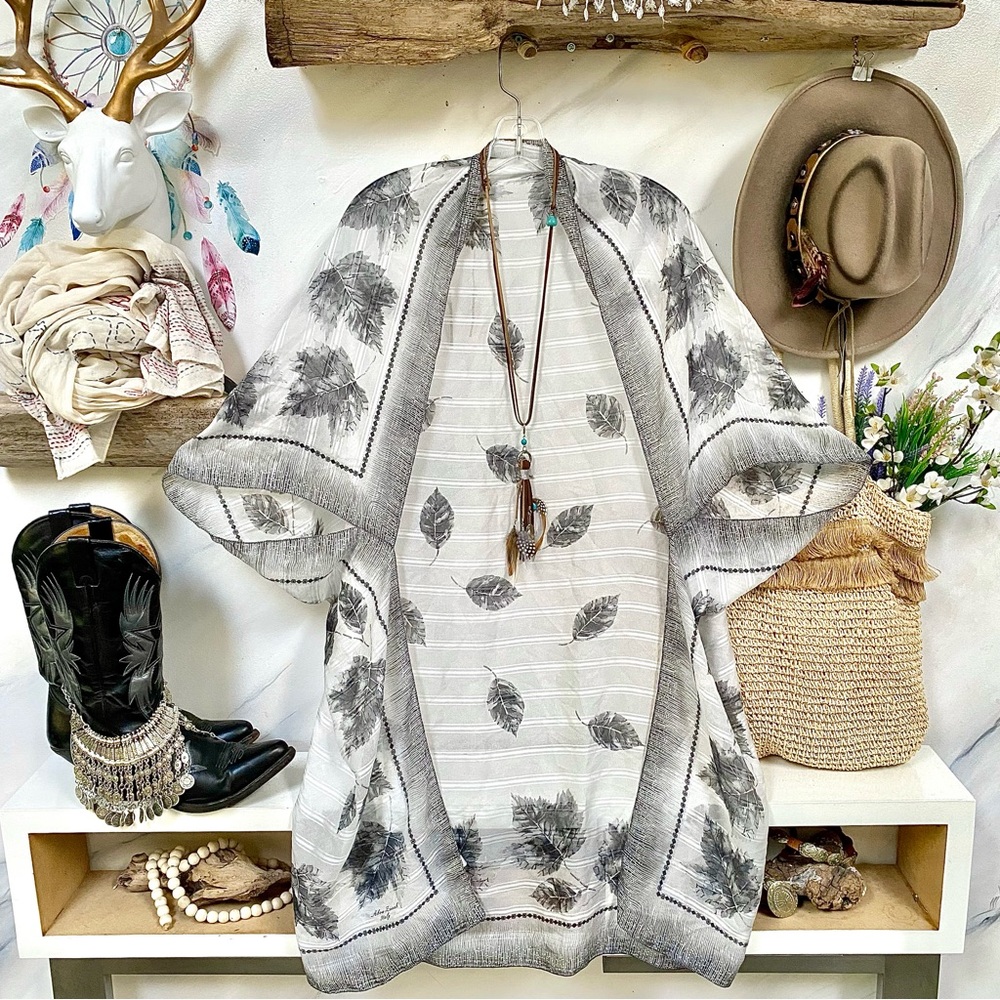 Boho Leaf-Print Open Kimono Cardigan - White & Gray